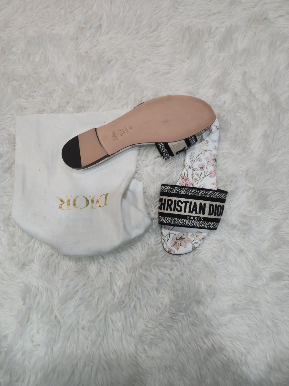Dior White Floral Slide Sandals with Black Logo Strap